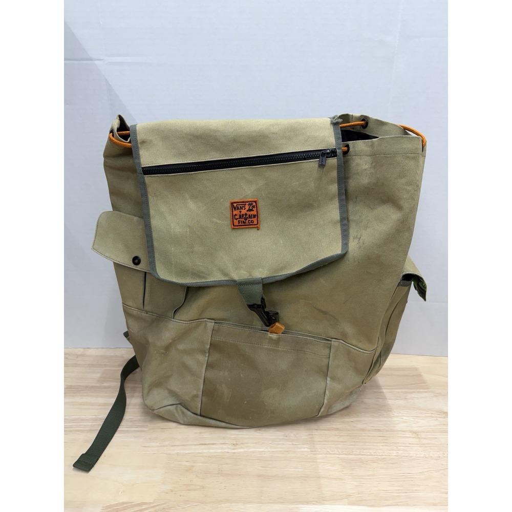 VANS + CAPTAIN FIN. Co Backpack Book Bag Travel Canvas Olive Green ~ Rare